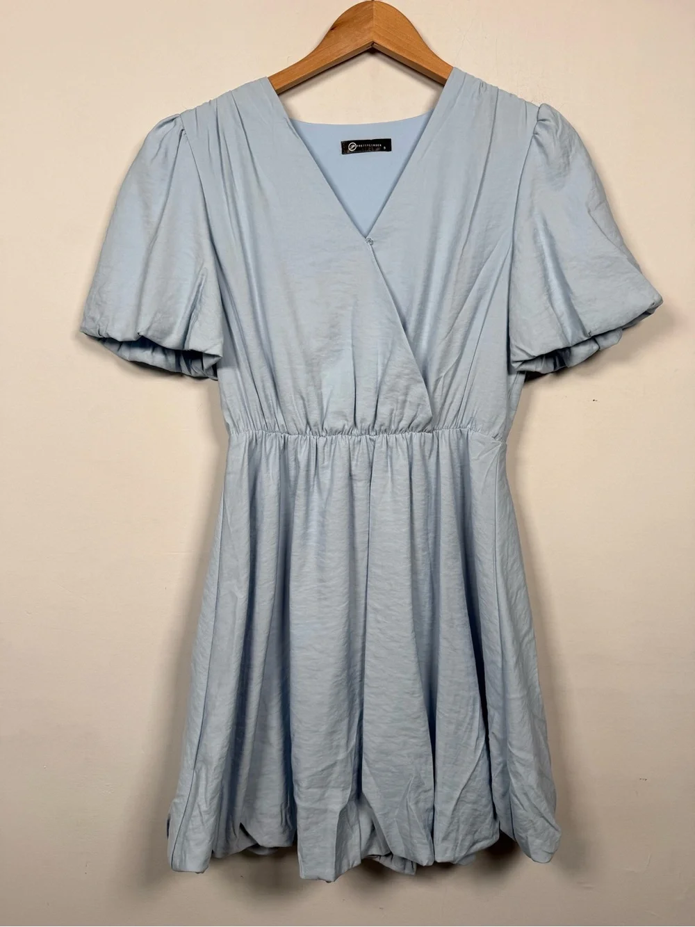 PRETTYGARDEN Sky Blue Puff Sleeve V-Neck Wrap Mini Dress Size S Great Condition - Picture 3 of 15